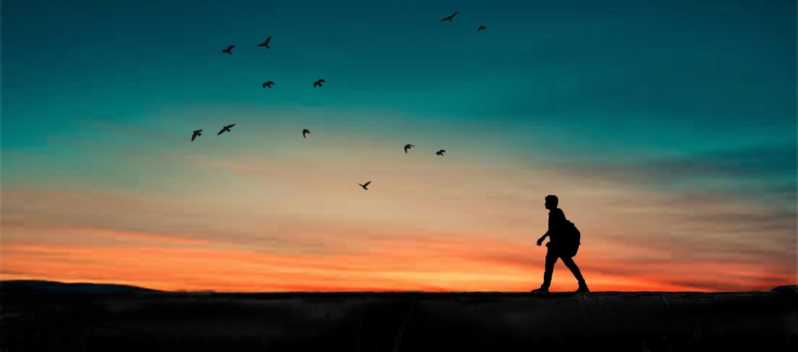 Silhouette of Person Walking At Sunrise With Beautiful Sky in Background